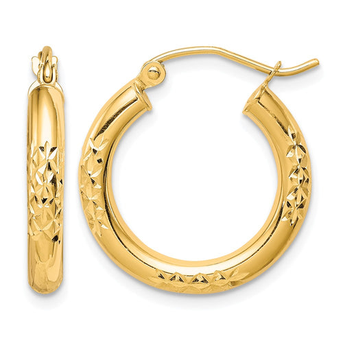 10K Diamond Cut 3x20mm Hollow Tube Hoop Earrings