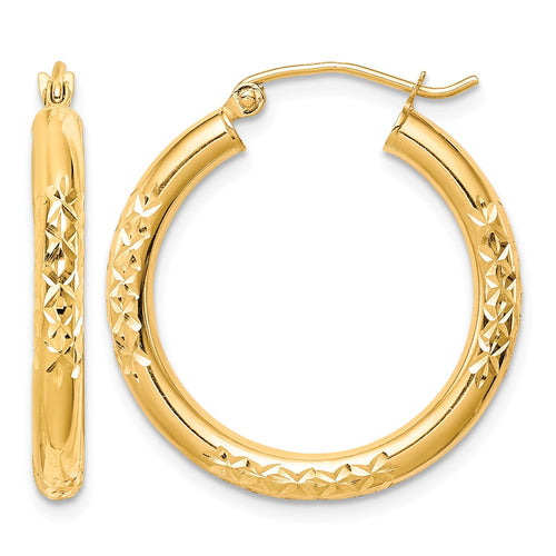 10K Diamond Cut 3x25mm Hollow Tube Hoop Earrings