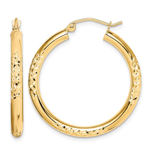 10K Diamond Cut 3x30mm Hollow Tube Hoop Earrings