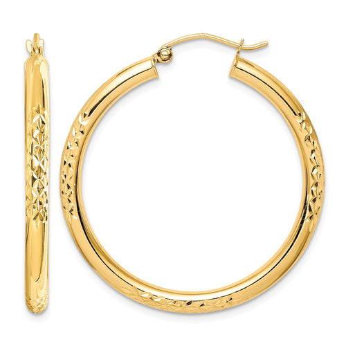 10K Diamond Cut 3x35mm Hollow Tube Hoop Earrings