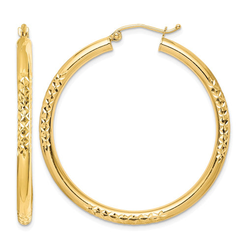 10K Diamond Cut 3x40mm Hollow Tube Hoop Earrings