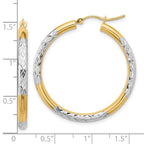 10K & Rhodium Diamond Cut 3mm Hoop Earrings