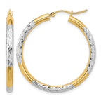 10K & Rhodium Diamond Cut 3mm Hoop Earrings