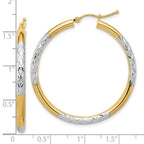 10K & Rhodium Diamond Cut 3mm Hoop Earrings