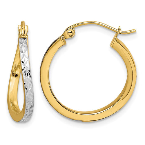 10k and White Rhodium Diamond-cut Textured Wavy Hoop Earrings