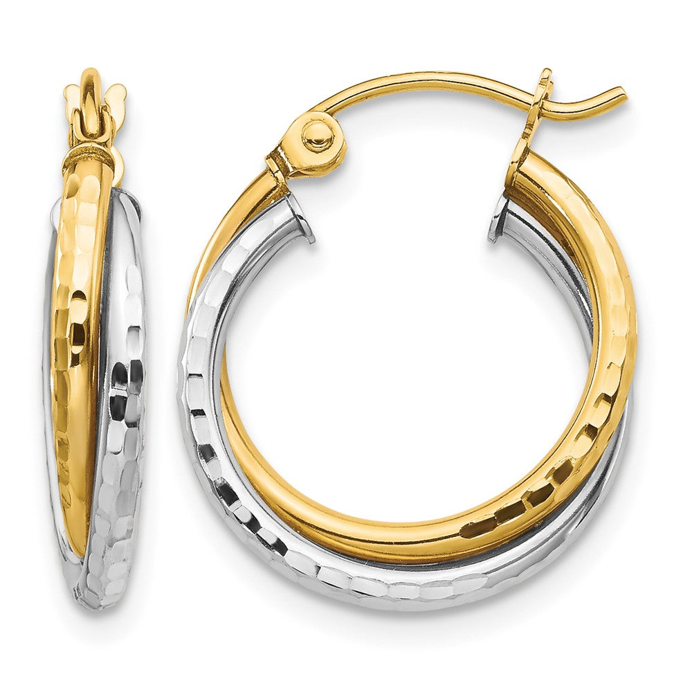 10K Two-tone Textured Twisted Round Hoop Earrings