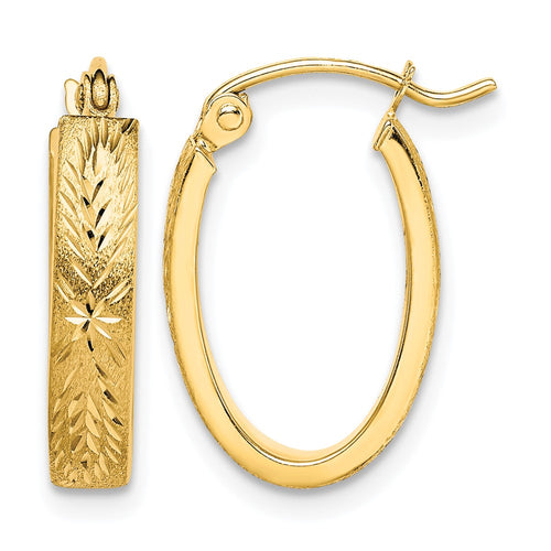10K Brushed Diamond Cut Oval Hoop Earrings