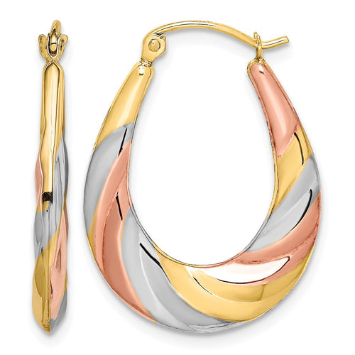 10K and Rhodium Oval Scalloped Hollow Hoop Earrings