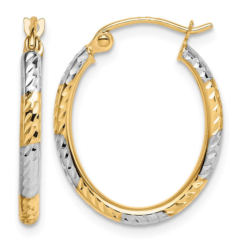 10K & Rhodium Diamond Cut Patterned Oval Hoop Earrings