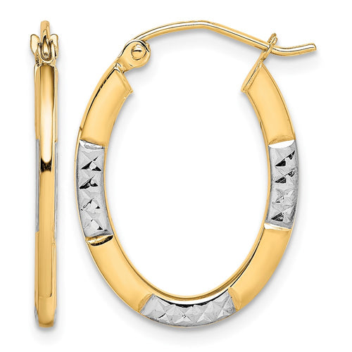 10K and Rhodium Diamond Cut Oval Hoop Earrings