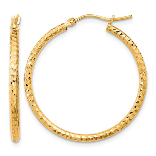 10k Diamond-cut 2mm Round Tube Hoop Earrings