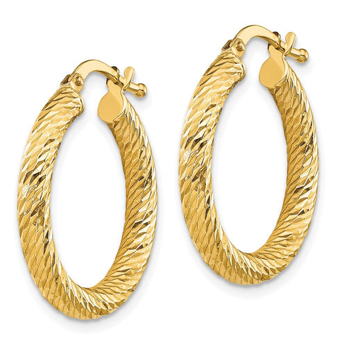 10k 3x15 Diamond-cut Round Hoop Earrings