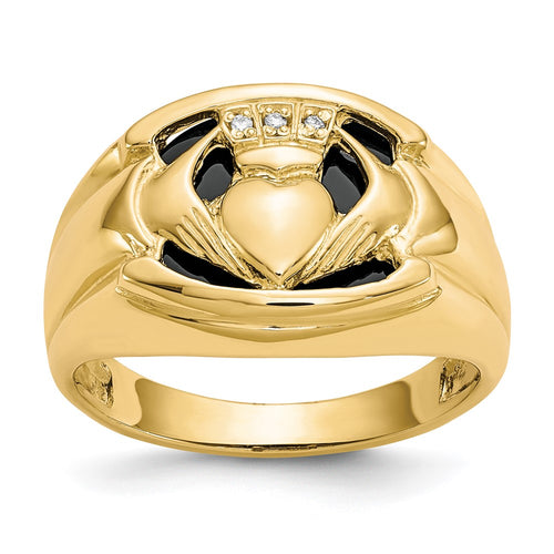 10k Diamond and Black Onyx Mens Claddagh Ring