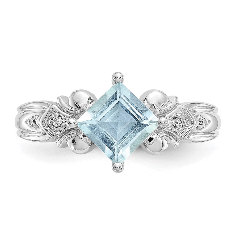 10k White Gold 6mm Princess Aquamarine and Diamond Ring