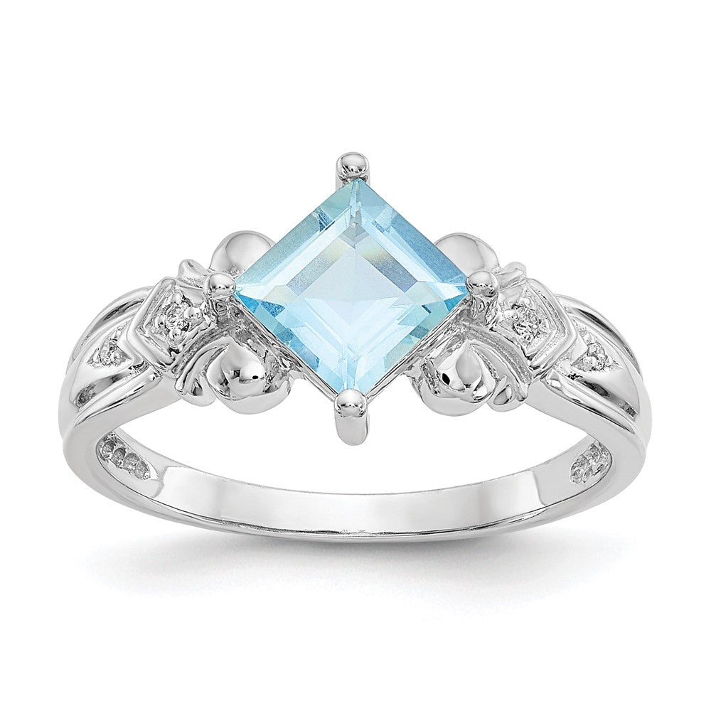 10k White Gold 6mm Princess Aquamarine and Diamond Ring