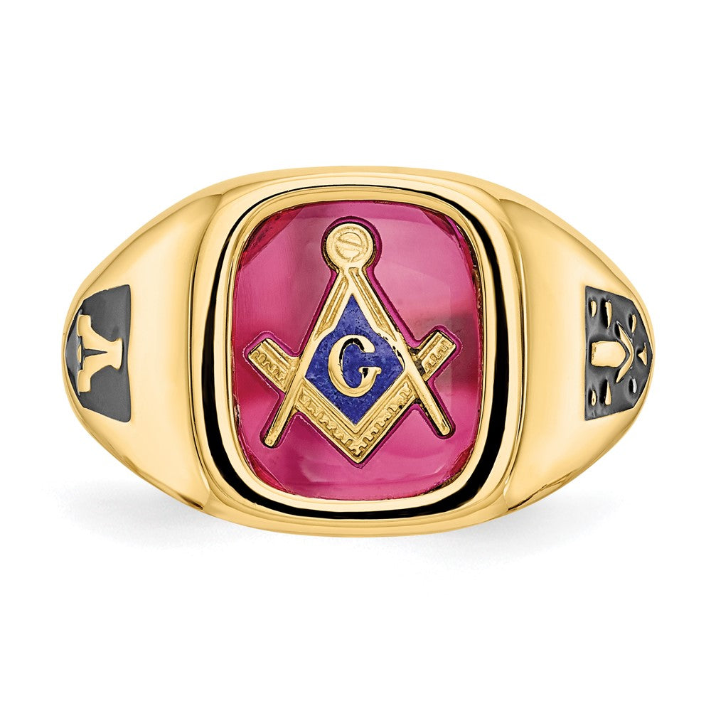 IB Goodman 10k Mens Polished and Textured with Black Enamel and Lab Created Ruby Masonic Ring