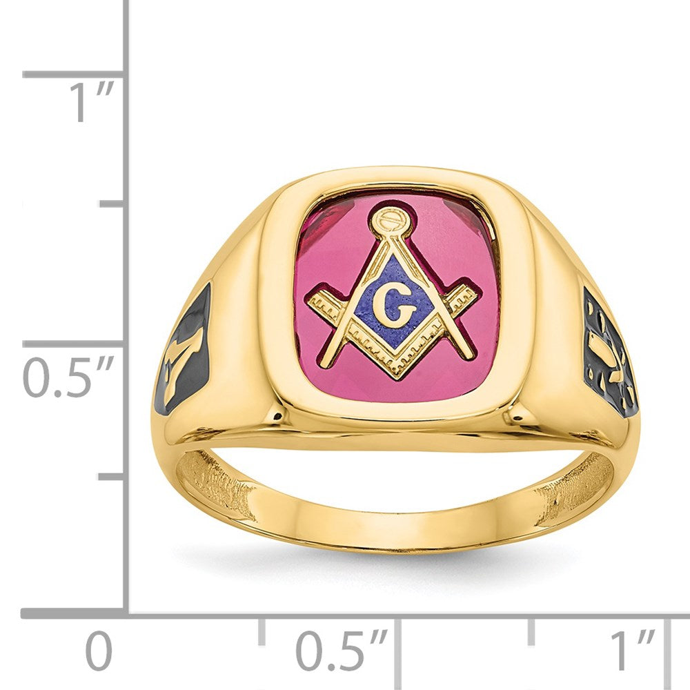 IB Goodman 10k Mens Polished and Textured with Black Enamel and Lab Created Ruby Masonic Ring
