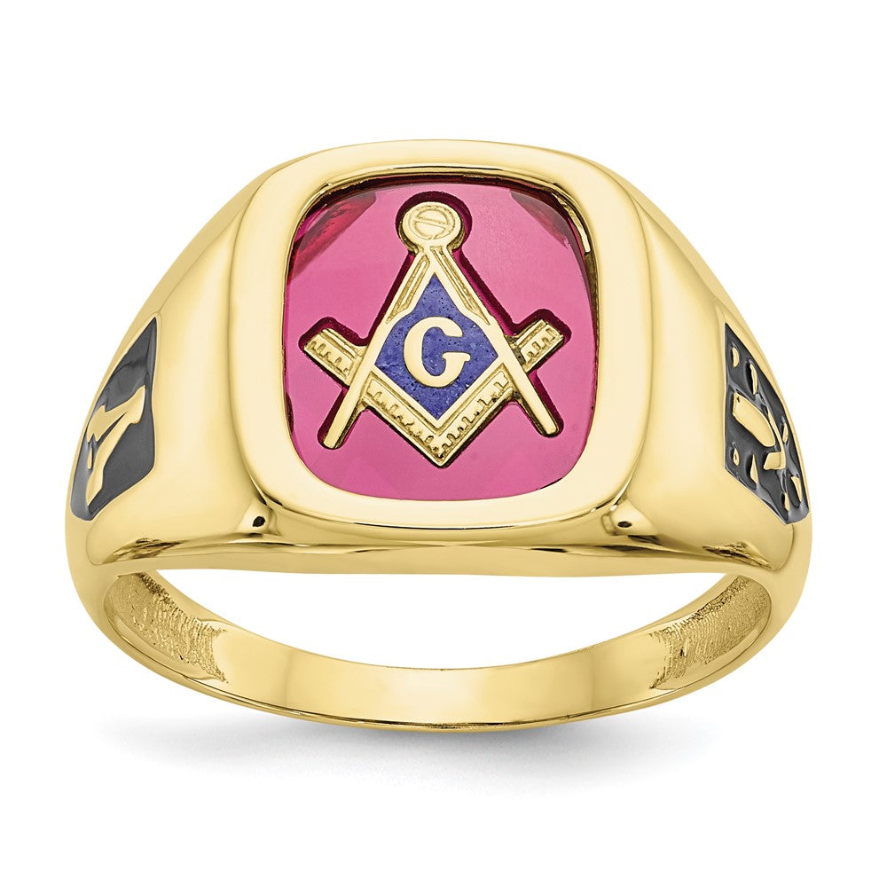 IB Goodman 10k Mens Polished and Textured with Black Enamel and Lab Created Ruby Masonic Ring
