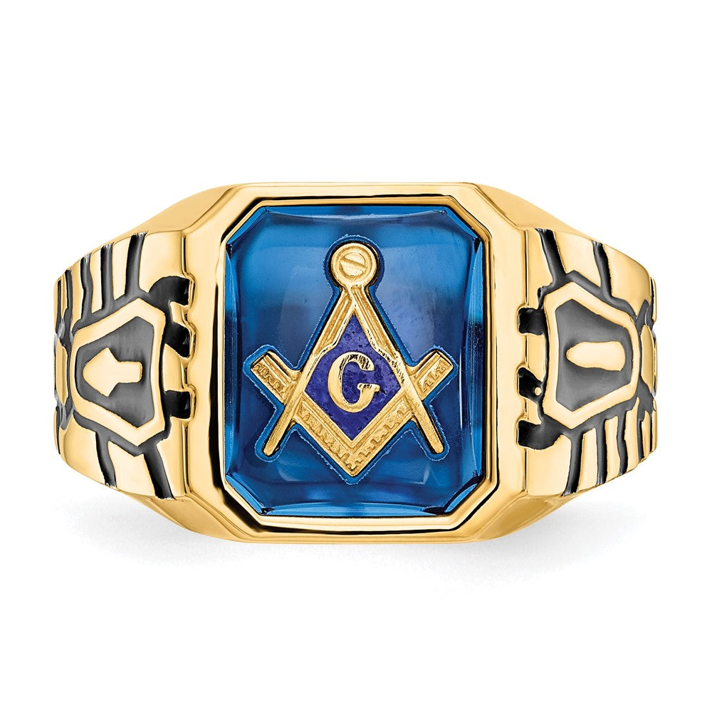 IB Goodman 10k Mens Polished/Antiqued and Grooved with Imitation Blue Spinel Masonic Ring