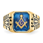 IB Goodman 10k Mens Polished/Antiqued and Grooved with Imitation Blue Spinel Masonic Ring