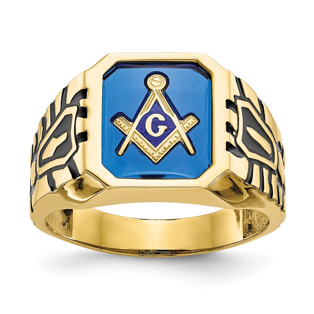 IB Goodman 10k Mens Polished/Antiqued and Grooved with Imitation Blue Spinel Masonic Ring