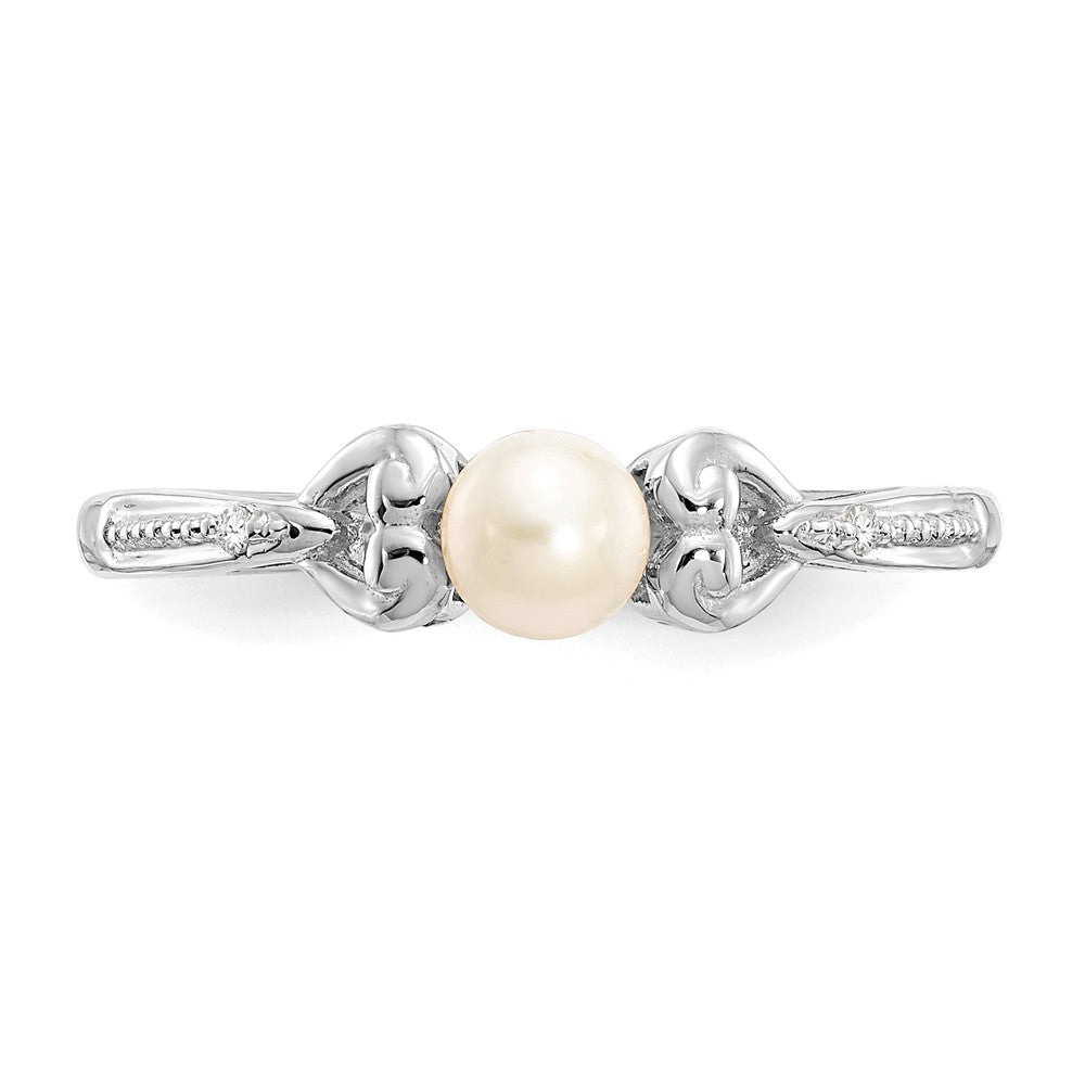 10k White Gold 4.5mm Round June/ Freshwater Cultured Pearl and Diamond Ring