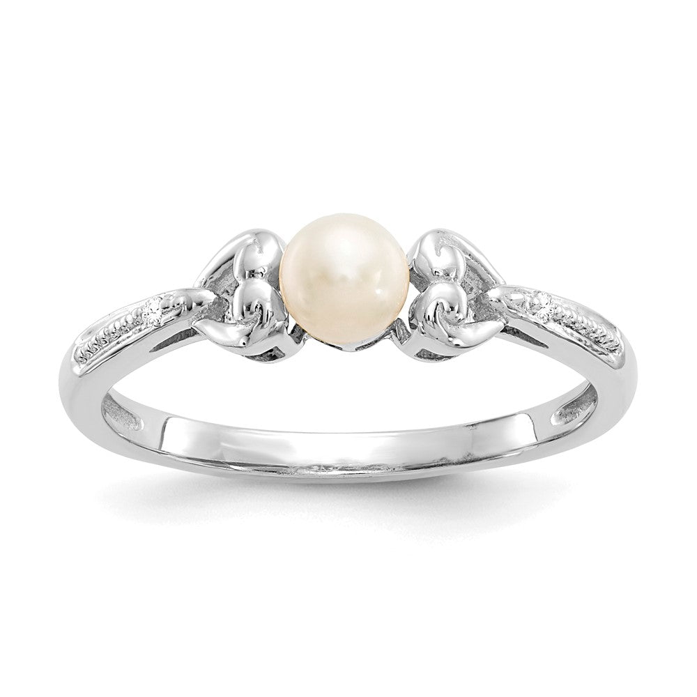 10k White Gold 4.5mm Round June/ Freshwater Cultured Pearl and Diamond Ring