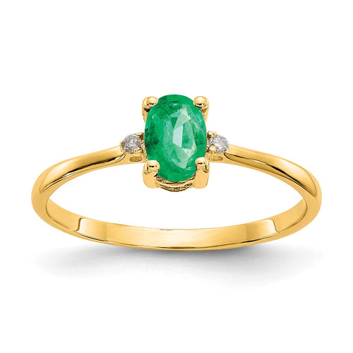 10k Polished 6x4mm Oval Genuine May/ Emerald and Diamond Birthstone Ring