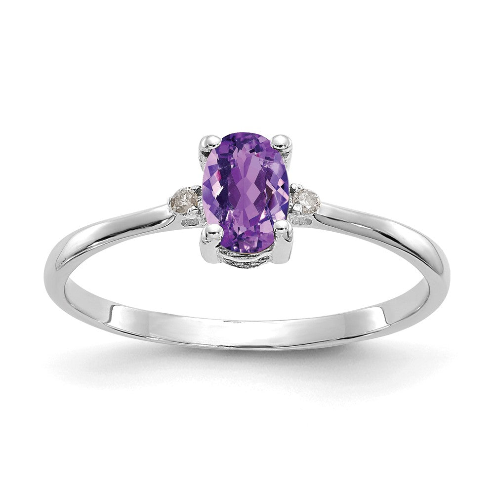 10k White Gold Polished 6x4mm Oval Genuine February/ Amethyst and Diamond Birthstone Ring