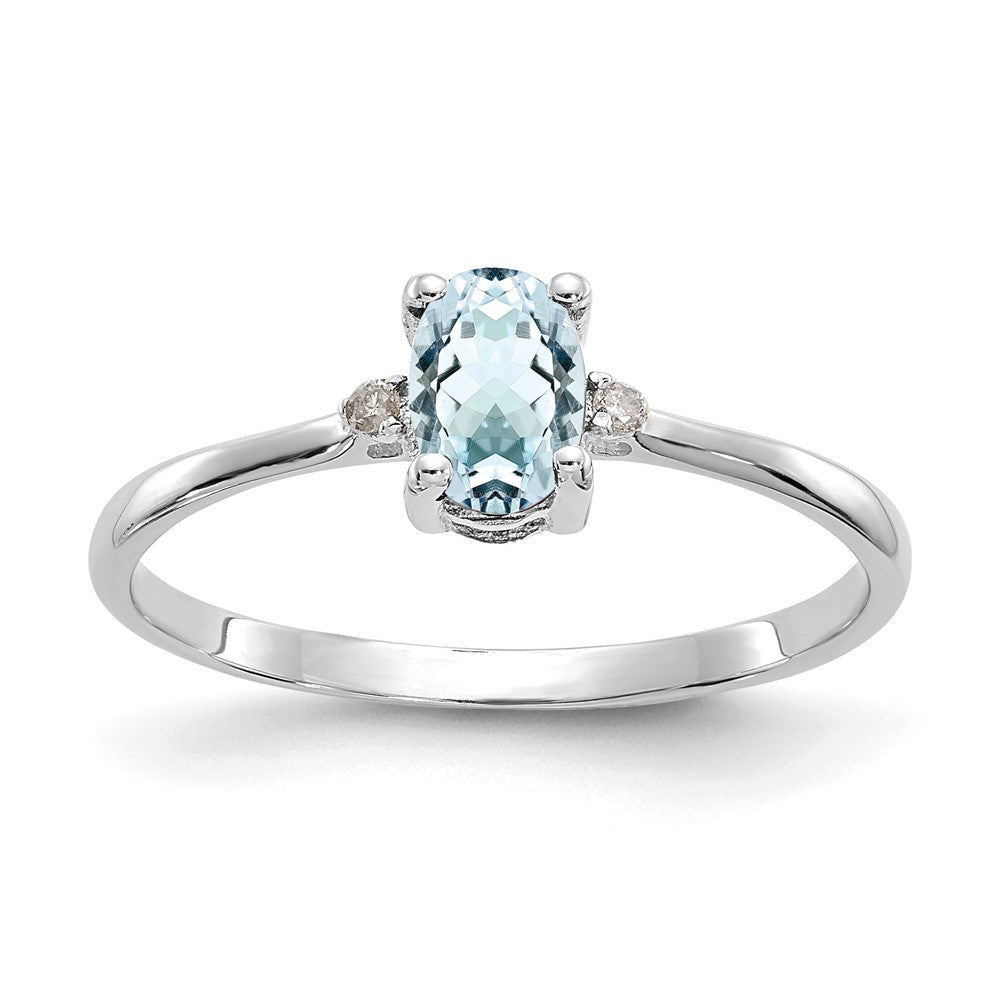10k White Gold Polished 6x4mm Oval Genuine March/ Aquamarine and Diamond Birthstone Ring