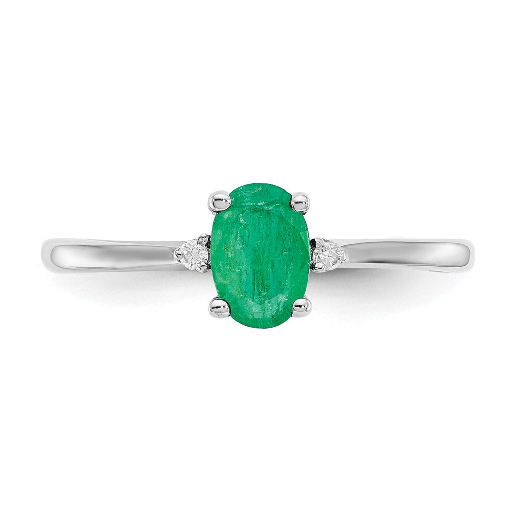 10k White Gold Polished 6x4mm Oval Genuine May/ Emerald and Diamond Birthstone Ring
