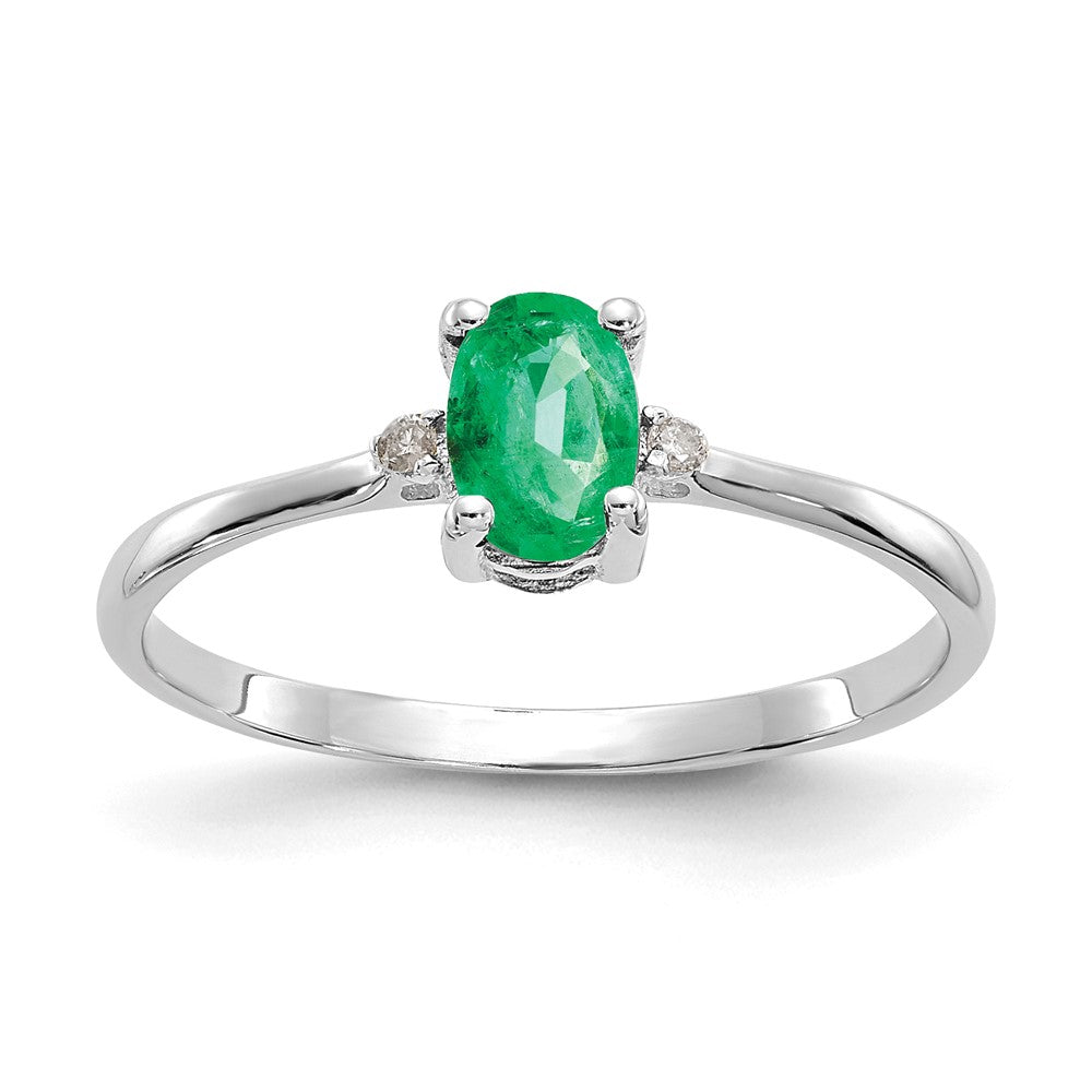 10k White Gold Polished 6x4mm Oval Genuine May/ Emerald and Diamond Birthstone Ring