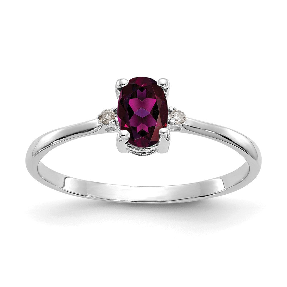 10k White Gold Polished 6x4mm Oval Genuine June/ Rhodolite Garnet and Diamond Birthstone Ring