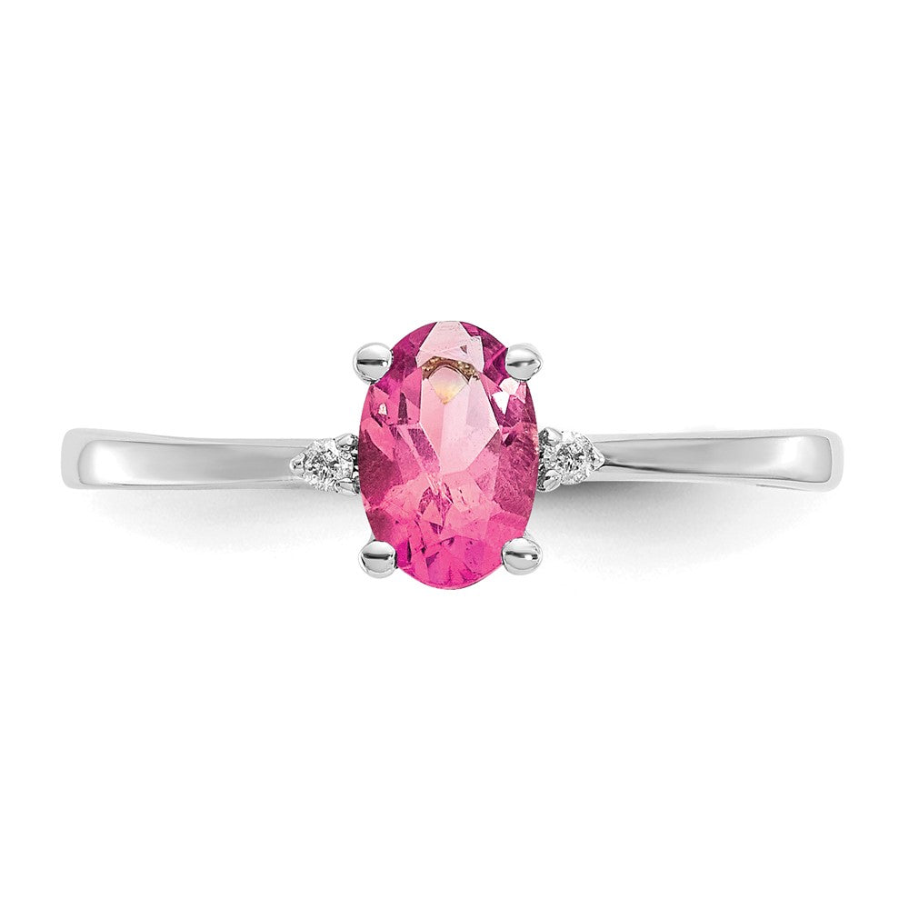 10k White Gold Polished 6x4mm Oval Genuine October/ Pink Tourmaline and Diamond Birthstone Ring