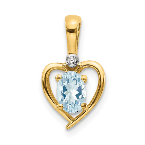 10K Diamond and Oval Aquamarine Heart Pendant