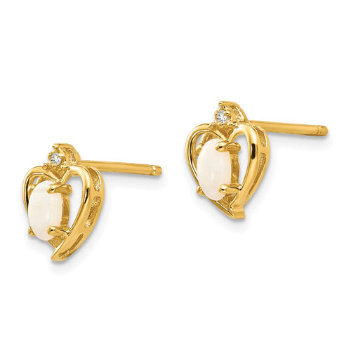 10K 5x3mm Oval Opal Cabochon and Diamond Heart Post Earrings