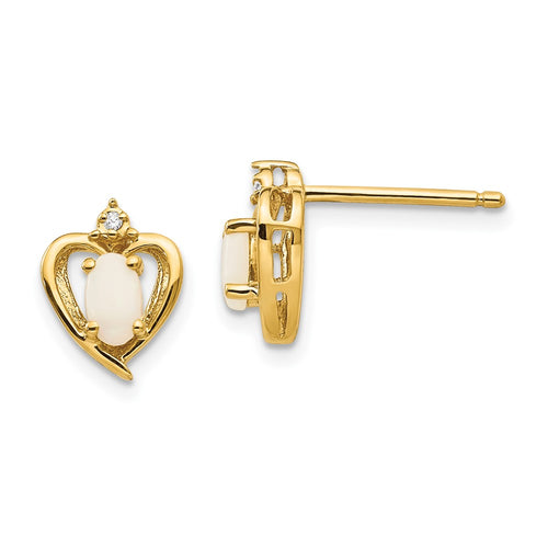 10K 5x3mm Oval Opal Cabochon and Diamond Heart Post Earrings