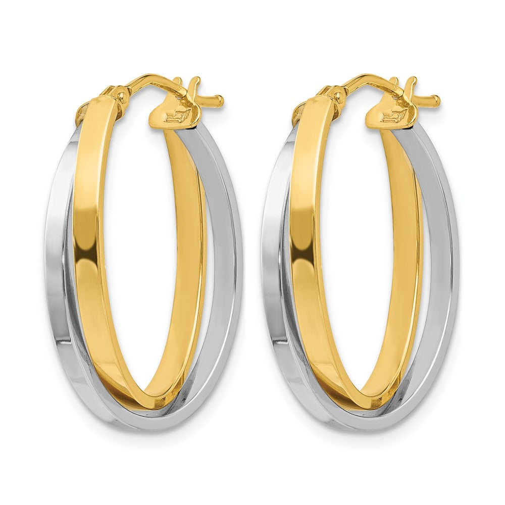 14K with Rhodium Polished Double Oval Hoop Earrings