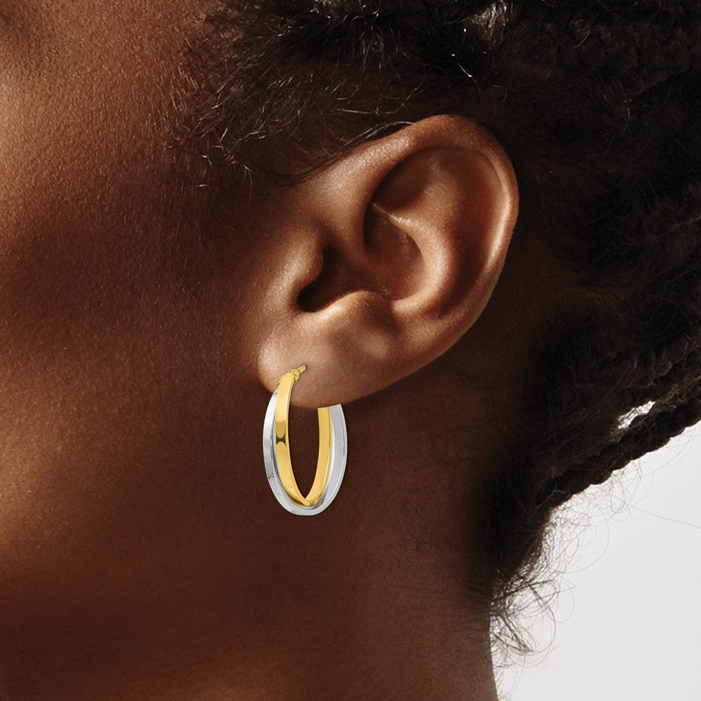 14K with Rhodium Polished Double Oval Hoop Earrings