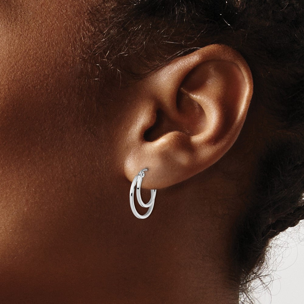 14K White Gold Polished 2 Row Stacked Round Hoop Earrings