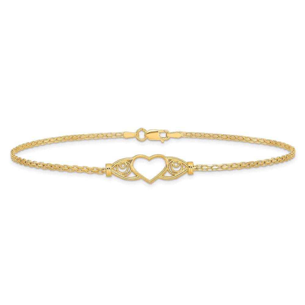 14k Polished Open Heart with Filigree and Bismark Chain 10 inch  Anklet