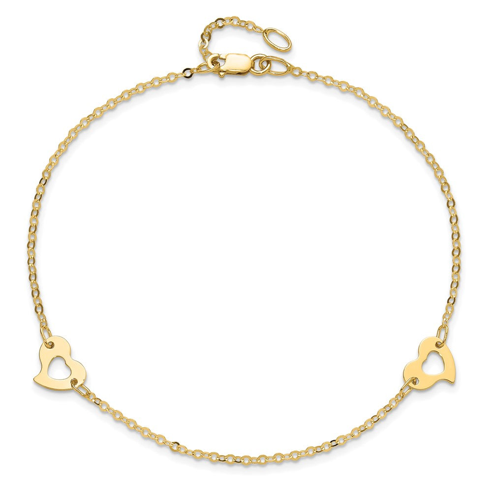 14k Polished Cut-out Heart 9 inch Plus 1 inch Extender - Total 10 inch Anklet
