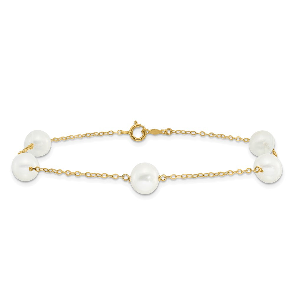 14k 7-8mm White Near-Round Freshwater Cultured Pearl 5-Station 9 inch Anklet