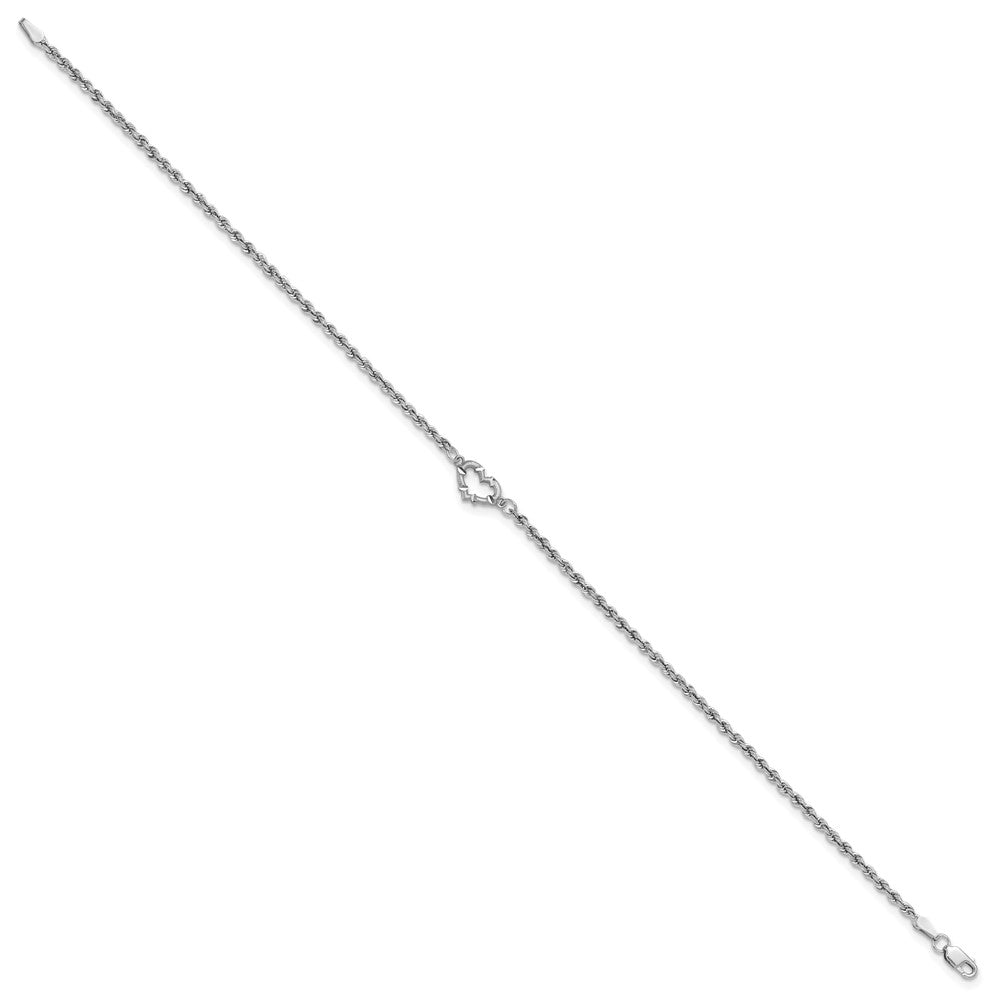 14k White Gold Diamond-cut Open Heart and Rope Chain 10 inch Anklet
