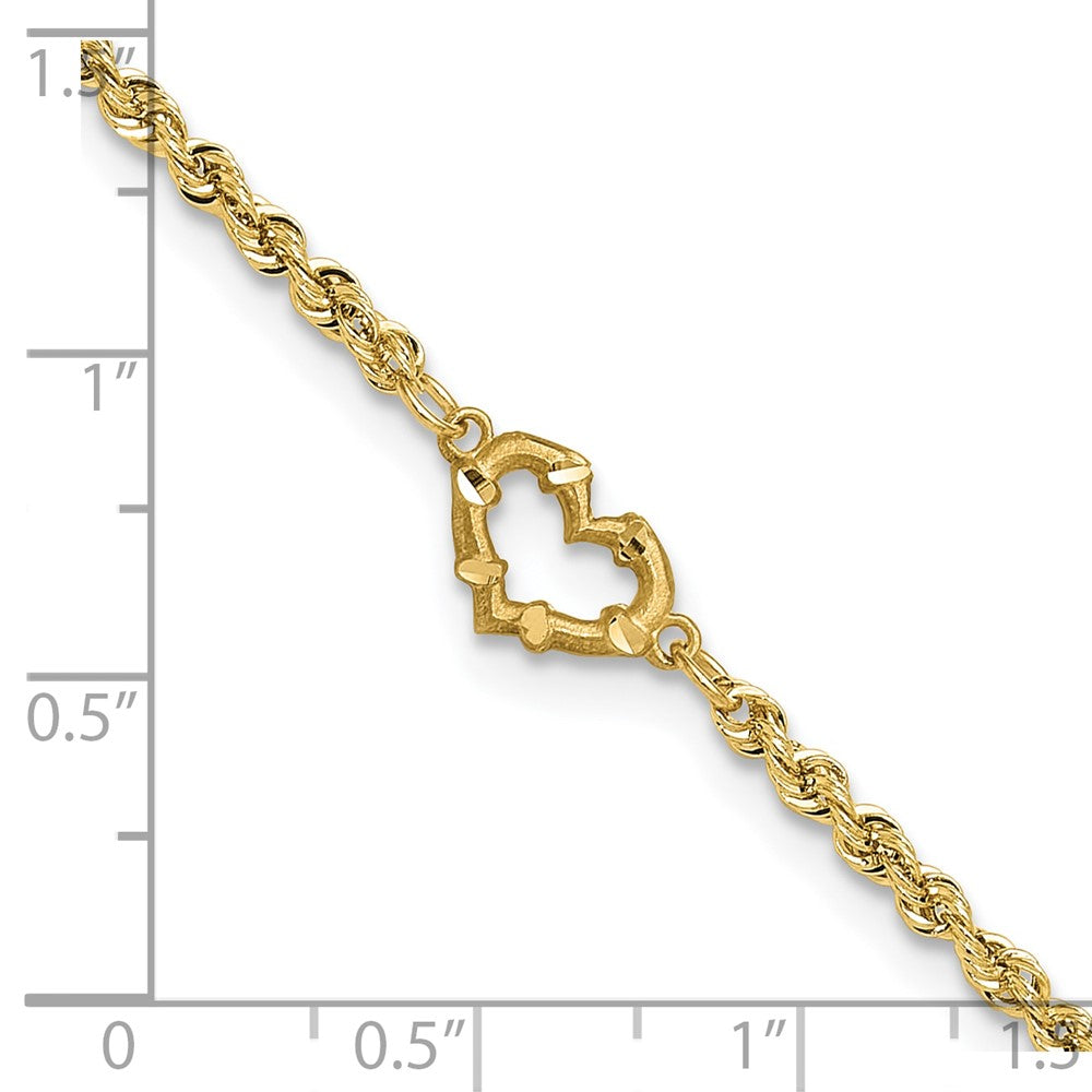 14k Diamond-cut Open Heart and Rope Chain 10 inch Anklet