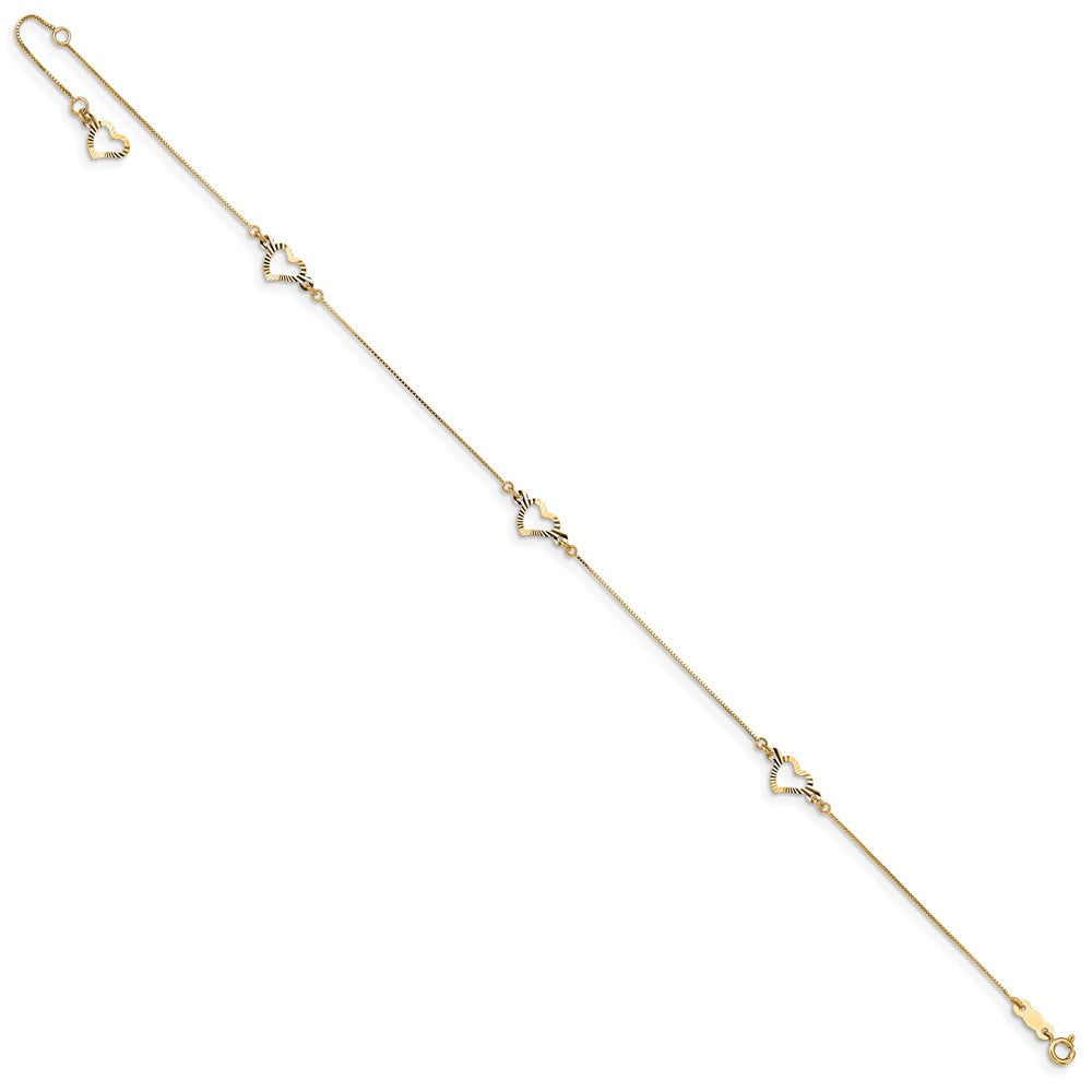 14k Diamond-cut Open Heart 3-Station 9 inch Plus 1 inch Extender - Total 10 inch Anklet