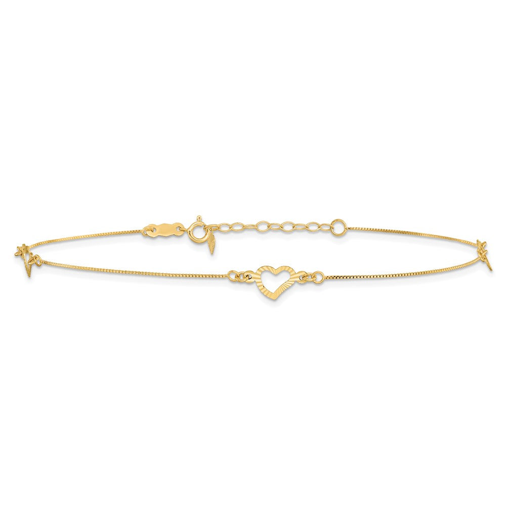 14k Diamond-cut Open Heart 3-Station 9 inch Plus 1 inch Extender - Total 10 inch Anklet