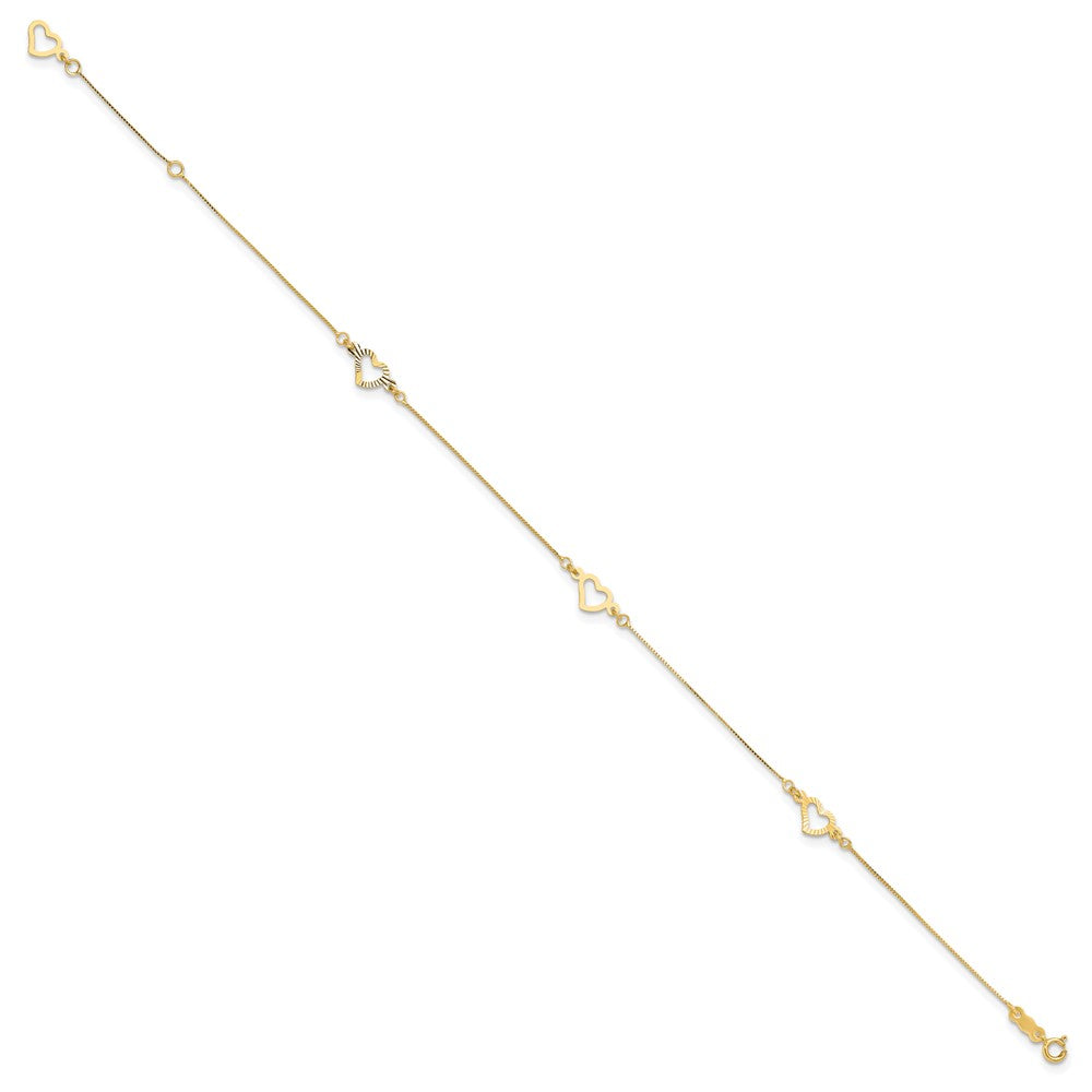 14K Fancy Open Hearts 3-Station 9 inch Plus 1 inch Extender - Total 10 inch Anklet