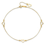 14K Fancy Open Hearts 3-Station 9 inch Plus 1 inch Extender - Total 10 inch Anklet