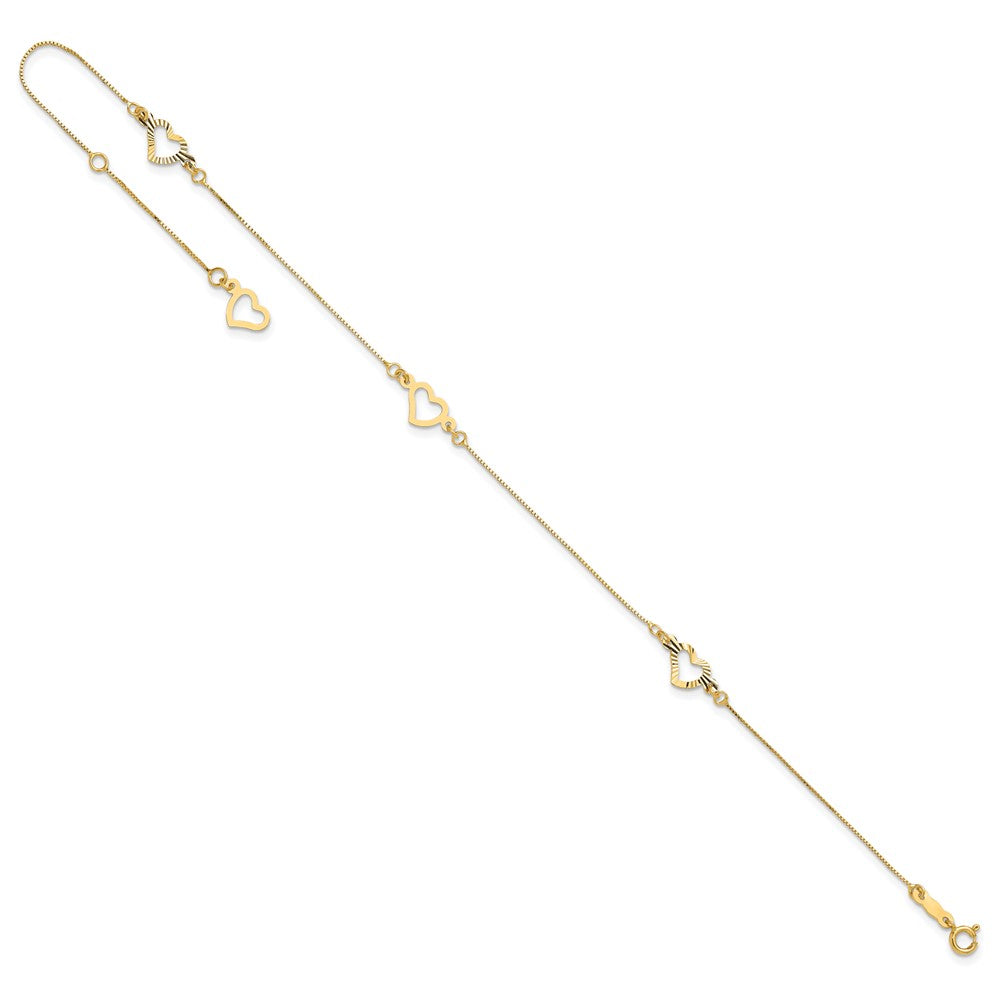 14K Fancy Open Hearts 3-Station 9 inch Plus 1 inch Extender - Total 10 inch Anklet